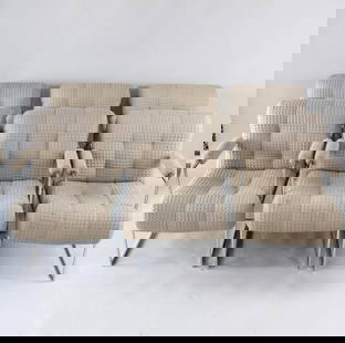 Set of 6 Milo Baughman for Thayer Coggin Armchairs, Cubist: Set of 6 Mid-Century Modern Milo Baughman for Thayer Coggin Armchairs, Cubist Mid-Century Modern. Upholstered in a beige colored waffle grid fabric, these tufted seats rest in simple squared metal fra