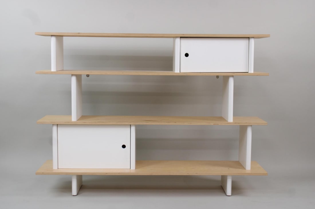 Contemporary Modern Cantilever Shelf Cabinet by Oeuf: Contemporary Modern Cantilever Shelf Cabinet. This is titled "Mini Library" by the company Oeuf. This can be purchased new from Oeuf for $820.00. Dimensions are 42 in h x 59 in w x 14 in d. Condition 
