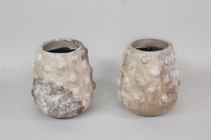 Pair of Sculptural Bumpy Pot Terra Cotta Garden Planters, White Patina