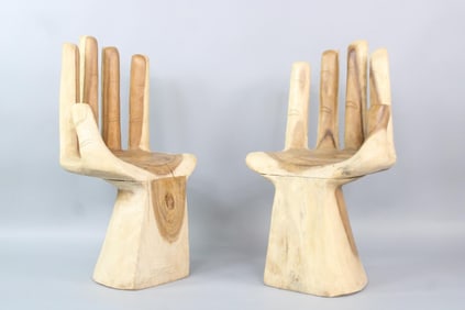 Pair of Carved Wood Hand Shaped Chairs