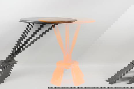 Wooden Side Table, Herman De Vries Style: Mid-Century Modern Round Wooden Side Table, Herman De Vries Style. Versatile plant stand, side table or pedestal has a base of wide plank feet and a body of thin spindle rods. In the style of Herman D