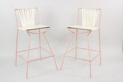 Pair of Pink Aluminum & Vinyl Strap Outdoor Barstools