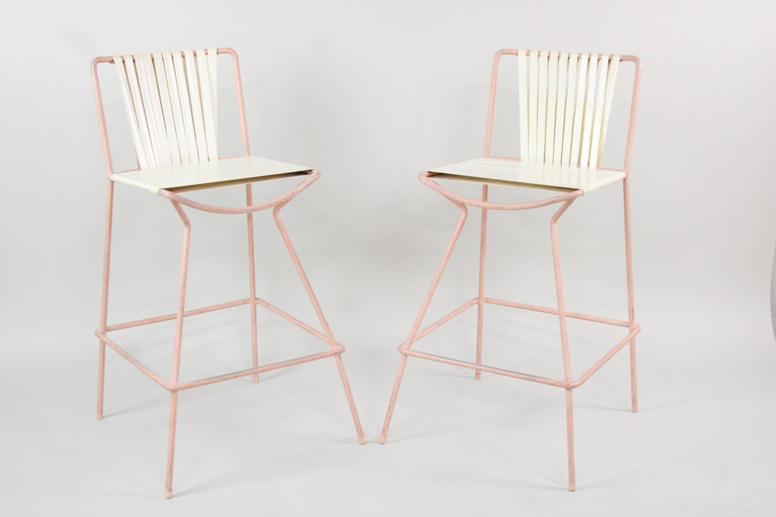 Pair of Pink Aluminum & Vinyl Strap Outdoor Barstools (1 of 12)