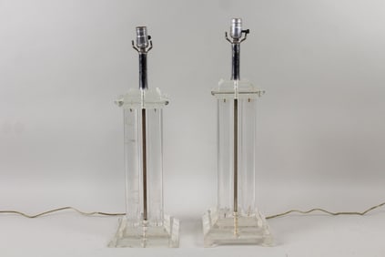 Pair of Mid Century Modern Lucite Columns Table Lamps