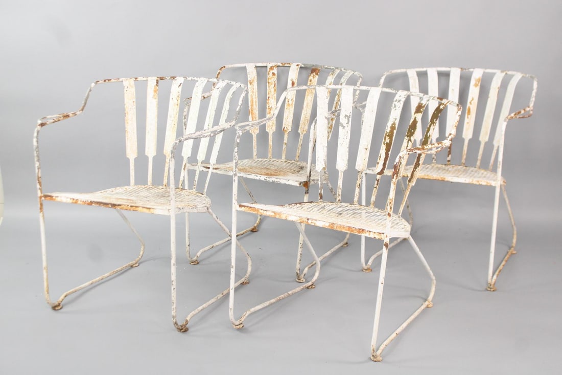 Set of 4 Slatted Fan Back Wrought Iron Outdoor Arm Chairs (1 of 20)