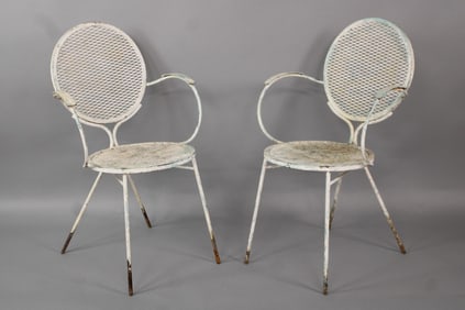 Pair of Mid Century Modern Circular Seat Wrought Iron Outdoor Chairs