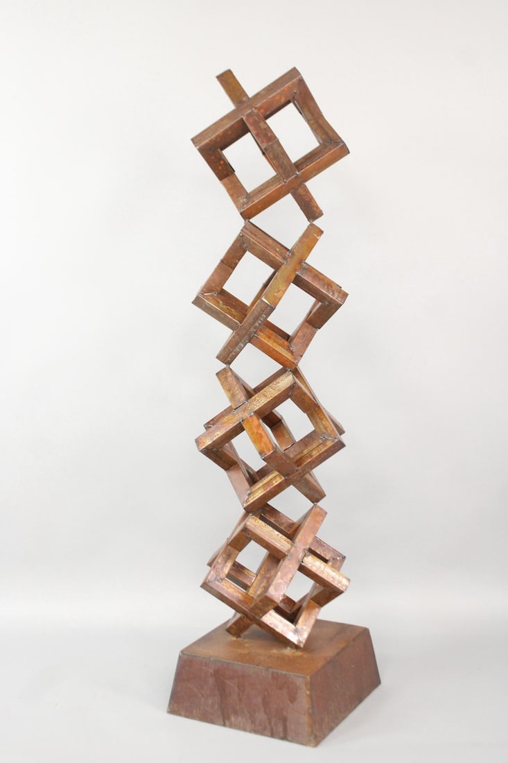 Metal 5' tall Modern Cubist Garden Sculpture: Metal 5' tall Modern Cubist Garden Sculpture. Very cool optical illusion sculpture, was used outdoors hence the surface rust. Obviously would be great indoors as well. Dimensions are 61 in h x 16 in w