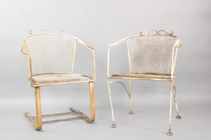 Pair of Curved Back Wrought Iron Outdoor Chairs, One Springer