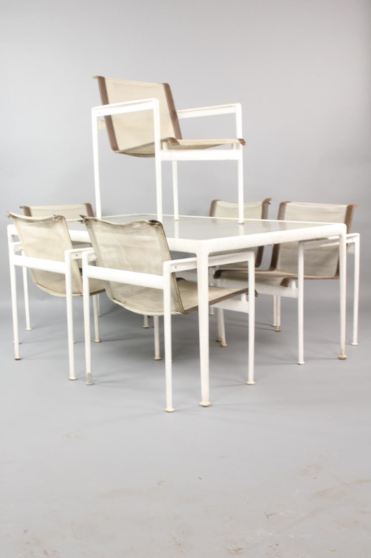 Set of 6 Chairs & Dining Table by Richard Schultz, White: Mid Century ModernSet of 6 Chairs & Dining Table by Richard Schultz. This set has 6 chairs and a large table. There is a rust spot on the one end of the table, possibly could be removed. The chairs ea