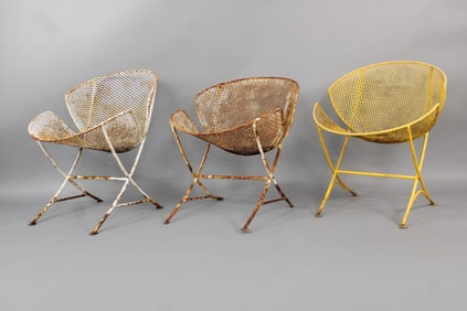 Lot of 3 Wrought Iron Clam Shell Tempestini Outdoor Chairs