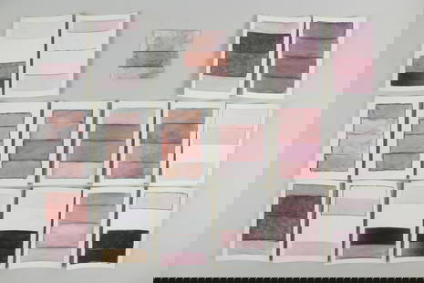 Group of 17 Clark Murray Gradient Paintings; Pink & Purple: Lot of 17 Clark Murray Minimalist Gradient Paintings;Pink & Purple. Groupofwatercolor study paintings, some with pencil, on 6 x 4 and 3.5 x 3.25 inchpaper, all with 4 bands of color. Unsigned. This lo