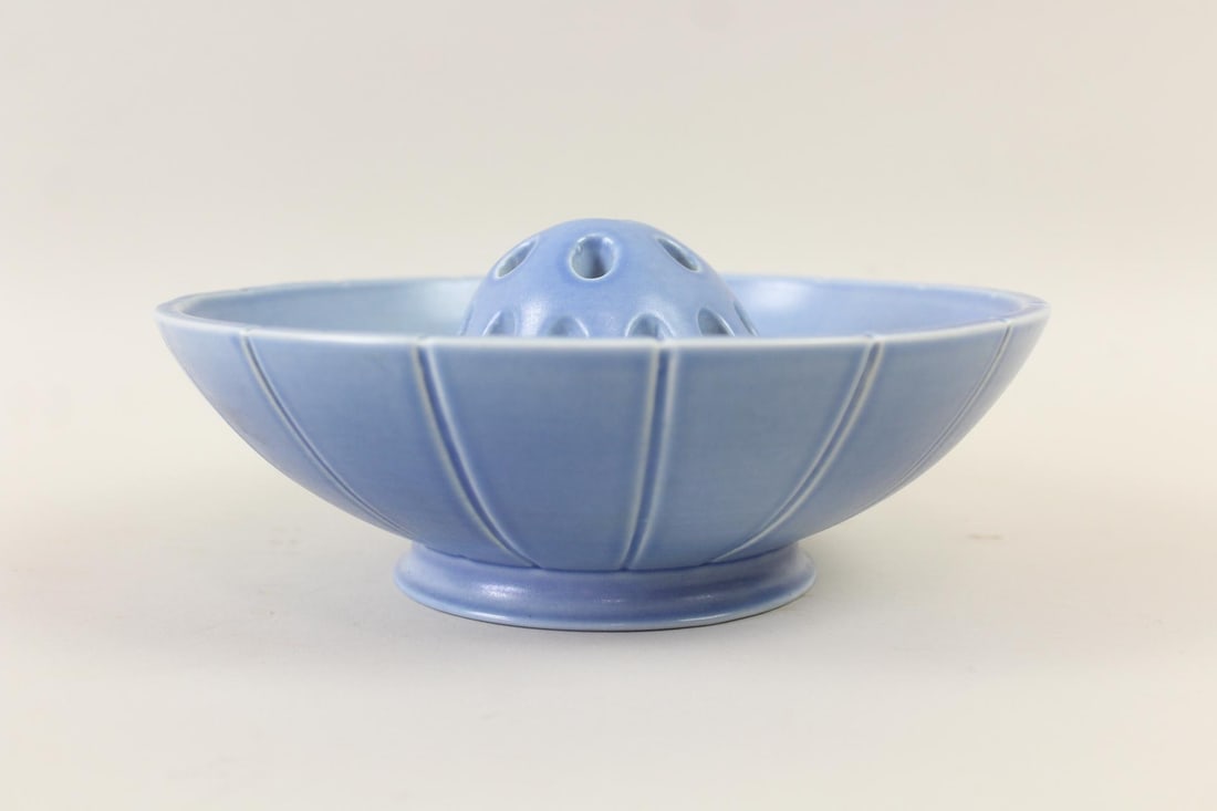 Matte Blue Trenton Pottery Co. Bowl & Flower Frog (1 of 6)