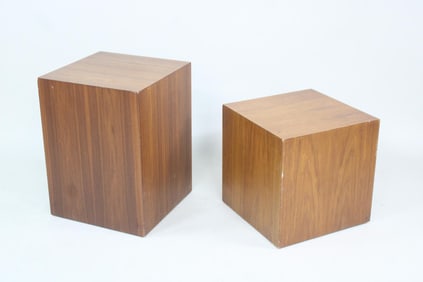 Pair of Minimalist Walnut Cube Side Table Pedestals