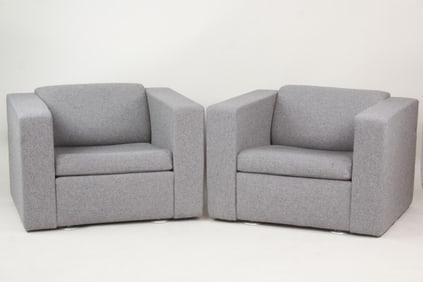 Pair of Cubist Mid-Century Modern Gray Upholstered Club Chairs