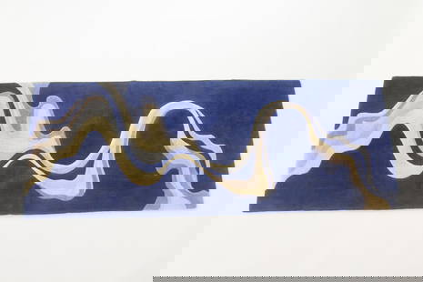 Edward Fields Modern Art Blue Abstract Wave Runner Rug: Edward Fields Mid-Century Modern Blue Abstract Wave Runner Rug 3 x 7 Ft . Wool rug with a great graphic abstract wave pattern in blue & off-white, marked Edward Fields 1984 on the back. Dimensions are