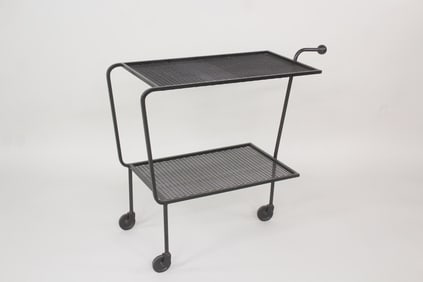 Black Metal Mesh 3-Wheeled Serving Cart, Style of Mathieu Mategot