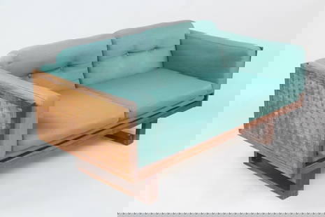 Poul Cadovius Danish Modern Club Sofa for France & Son: Poul Cadovius Danish Mid-Century Modern Sofa Loveseat for France & Son. Two seat sofa with nice cubist shape, with what we believe to be rosewood woven frame and original turquoise upholstery. Circula