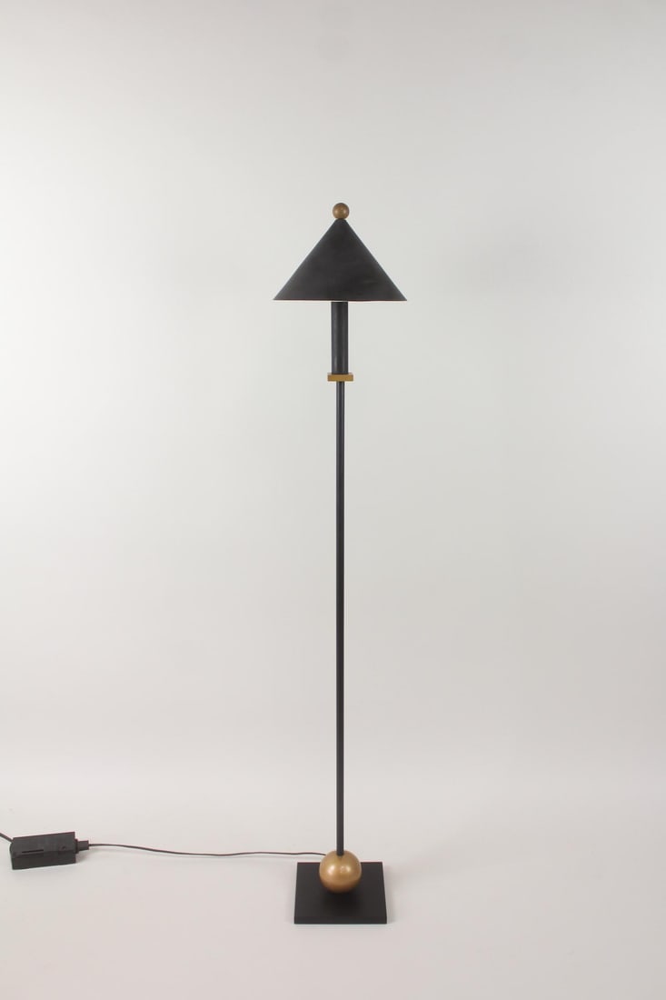 Postmodern Memphis Robert Sonneman for George Kovacs Black Floor Lamp: Postmodern Memphis Era Robert Sonneman for George Kovacs Black Floor Lamp. Black metal lamp with cone shape shade and gold ball accents.George Kovacs label attached. Dimensions are 45.5 in h x 8 in w
