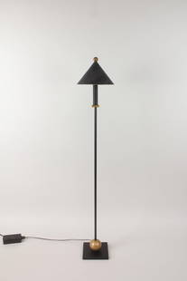 Postmodern Memphis Robert Sonneman for George Kovacs Black Floor Lamp: Postmodern Memphis Era Robert Sonneman for George Kovacs Black Floor Lamp. Black metal lamp with cone shape shade and gold ball accents.George Kovacs label attached. Dimensions are 45.5 in h x 8 in w