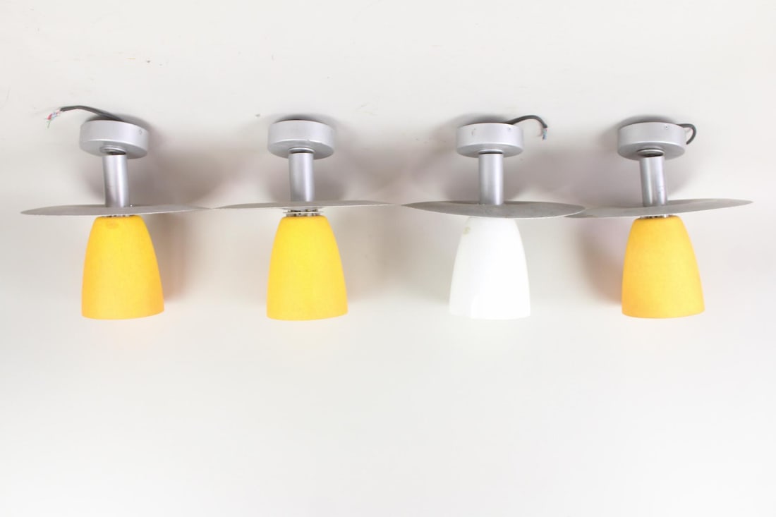 Set of 4 Postmodern Glass & Perforated Aluminum Ceiling Lights, Vianne France (1 of 9)