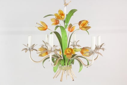 Italian Floral Tole Chandelier with Yellow Tulips