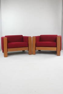 Pair of Minimalist Postmodern Lounge Chairs for Knoll by Jim Eldon: Pair of Minimalist Postmodern Lounge Chairs for Knoll by Jim Eldon. This set of two minimalist Chairs are upholstered and have simple wooden frame. Marked with a tag from Knoll, we believe this is des