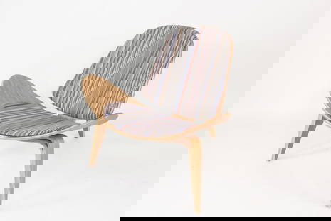 Bentwood Upholstered Lounge Chair, Hans Wegner: Bentwood Upholstered Lounge Chair, Hans Wegner. Chair has bentwood frame and seat and back upholstered in striped fabric. Contemporary version of Hans Wender's chair, with no makers marks. Dimensions