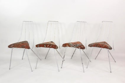 Set of 4 Atomic Age Iron Triangle Chairs with Kilim Seats