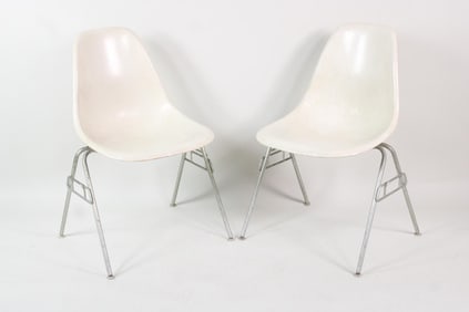 Pair of Herman Miller Eames Stacking Shell Chairs, Parchment White