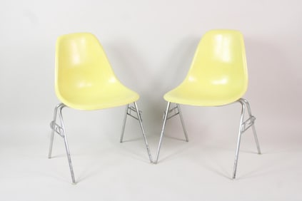Pair of Herman Miller Eames Stacking Shell Chairs, Light Yellow