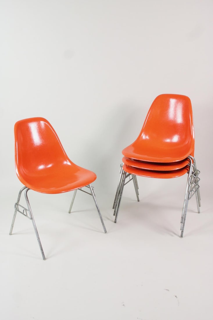 Set of 4 Herman Miller Eames Stacking Shell Chairs, Orange (1 of 18)