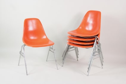 Set of 5 Herman Miller Eames Stacking Shell Chairs, Orange