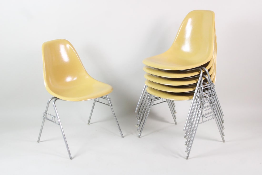 Set of 6 Herman Miller Eames Stacking Shell Chairs, Ochre, 1 of 2 (1 of 12)