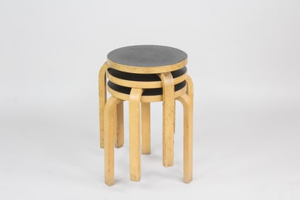 Set of 3 Alvar Aalto Stools, Bentwood & Black Top