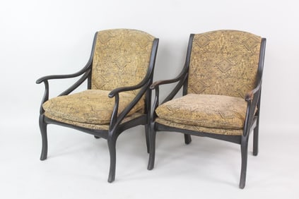 Pair of Carved Wood Art Nouveau Armchairs with Kilim Patterned Upholstery