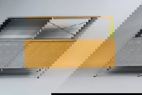 Eames ESU Storage Unit Low Shelf: Eames ESU Storage Unit Low Shelf.Charles and Ray Eames designed ESU Storage Unit, this is not marked, unsure of manufacturer. It haspainted hardboard panels and sliding doors, zinc-coated steel. Dimen