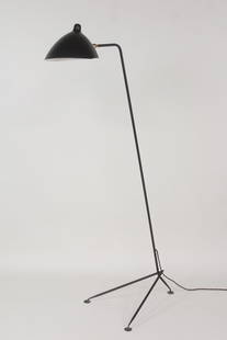 Stilnovo Black Floor Lamp by Serge Mouille: Contemporary Black Floor Lamp by Serge Mouille. This lamp is barely used, it is nice quality. Black metal floor lamp with 3 legs and brass accents. Stilnovo label inside shade. Dimensions are 62 in h
