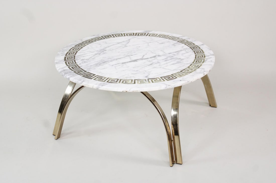 Brass Greek Key Inlay Marble Coffee Table, Roger Sprunger (1 of 15)