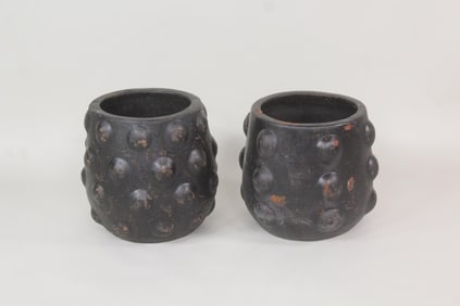 Pair of Sculptural Bumpy Pot Terra Cotta Garden Planters, Black