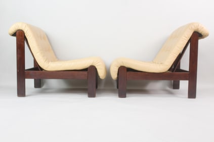 Pair of Brazilian Armless Tufted Leather Lounge Chairs