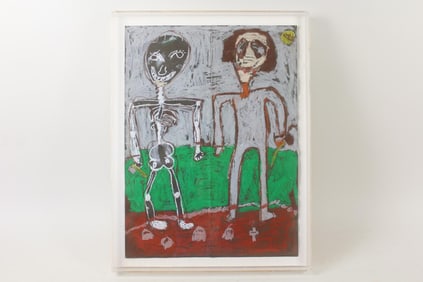 Neo-Expressionist Punk Painting of a Figure & Skeleton