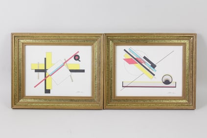 Pair of Geometric Abstract Gouache Paintings, Signed