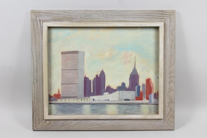 NYC Skyline United Nations Painting, Signed MIVA 62