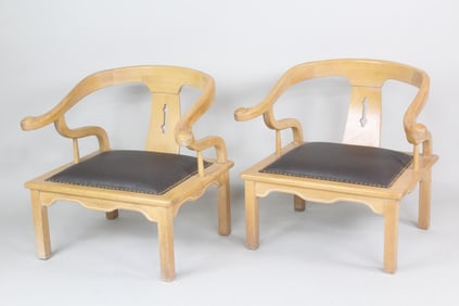 Pair of Wood & Leather Chinoiserie Horseshoe Chairs, James Mont