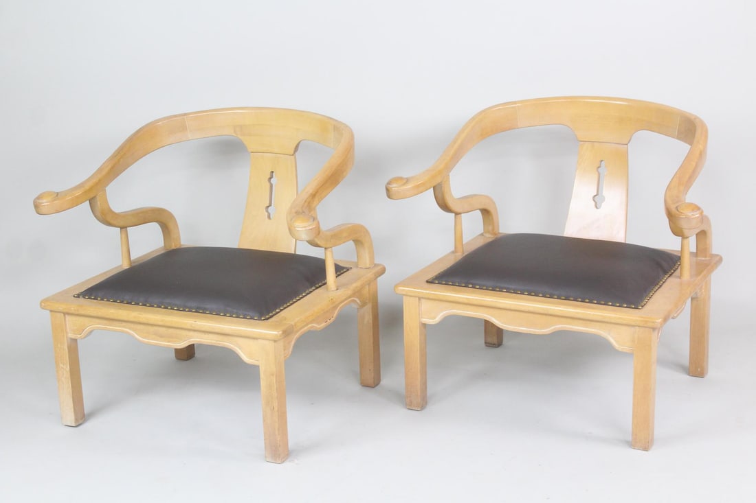 Pair of Wood & Leather Chinoiserie Horseshoe Chairs, James Mont (1 of 14)