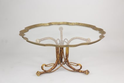 Faux Bamboo Base & Scalloped Brass Edge Glass Top Coffee Table