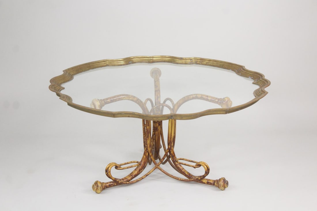 Faux Bamboo Base & Scalloped Brass Edge Glass Top Coffee Table (1 of 8)