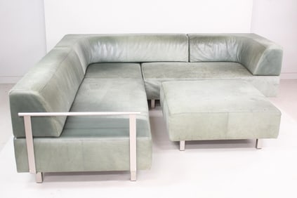 Cor German Green Leather Sectional Sofa & Ottoman, Minimalist Design