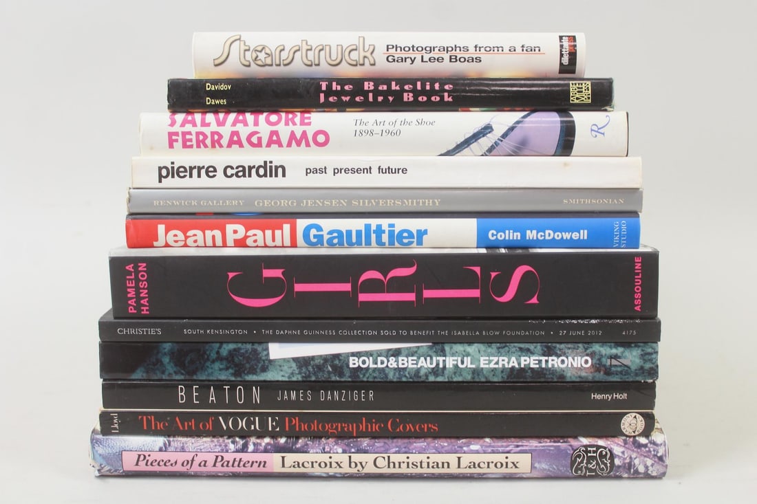 Lot of 12 Hollywood & Fashion Coffee Table Books: Lot of 12 Hollywood & Fashion Coffee Table Books. Includes books on Ferragamoshoes, Jean Paul Gaultier, Pierre Cardin, George Jensen & bakelitejewelry, Vogue covers, Christian Lacroix, Cecil Beaton an