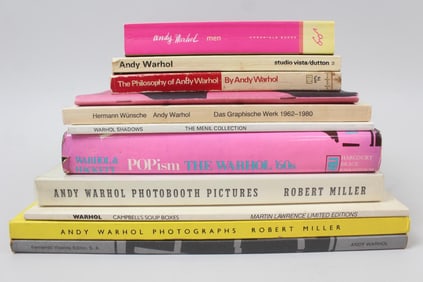 Lot of 11 Andy Warhol Related Books, Soup Boxes, Guns Knives Crosses